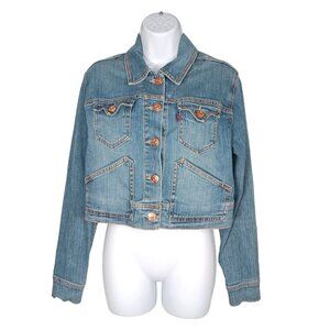 Levis Womens XL Cropped Blue Denim Trucker Jacket Copper Buttons Western Boxy